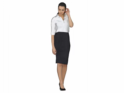 A woman standing in white shirt and striped skirt with hand on hair 3d model