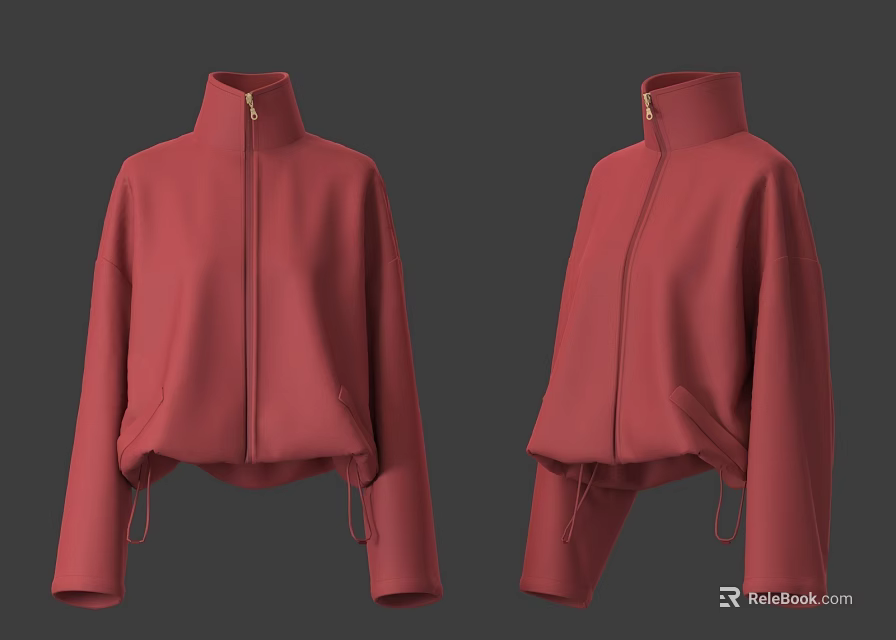 Red Loose Fit Jacket with Stand Collar Zip Drawstring Hem and Cuffs 3d model