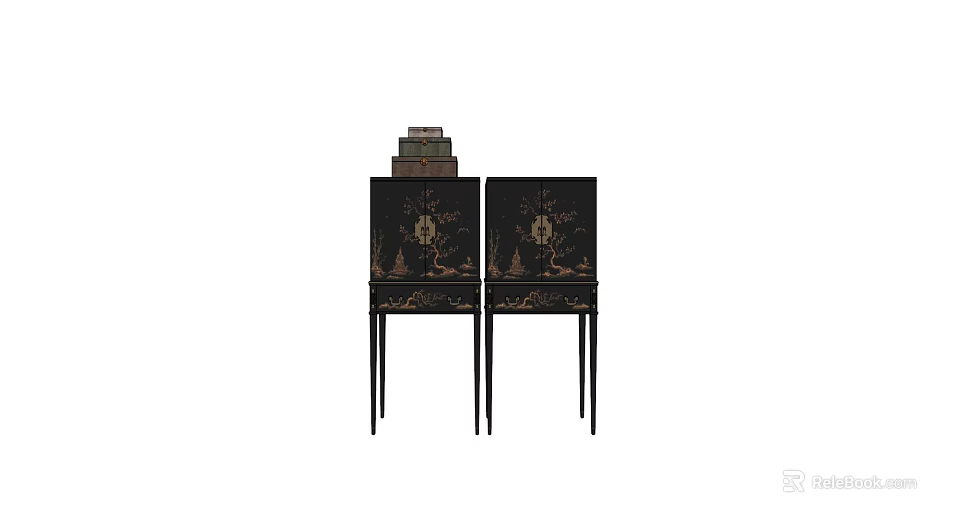 Black Floral Patterned Entryway Cabinet Sideboard With Slender Legs And Stacked Books On Top 3d model 