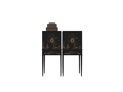 Black Floral Patterned Entryway Cabinet Sideboard With Slender Legs And Stacked Books On Top 3d model