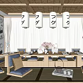 Japanese Style Private Room With Long Wooden Table Tatami Seats Hanging Lanterns And Scenic Window Views