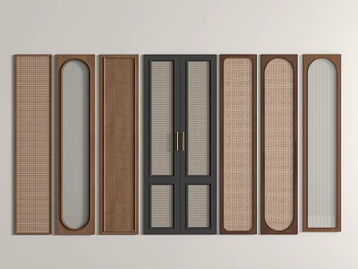 Stylish Wardrobe Doors with Wooden Rattan Glass and Grid Patterns for Modern Closets 3d model