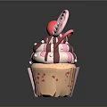 Pink Cupcake With Swirl Cream Chocolate Drizzle Fresh Strawberry And Striped Lollipop Decorative Paper Case