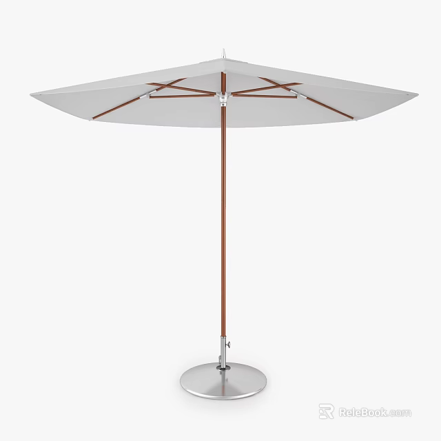 Outdoor White Umbrella With Wooden Frame And Silver Base Stand 3d model 