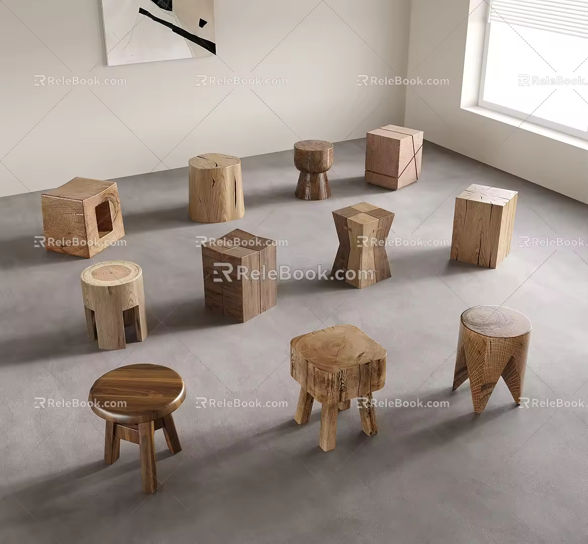 Quiet Wind Stool Round Stool Wooden Stool Shoe Changing Stool Small Low Stool 3d model