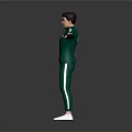 Man In Green Tracksuit With White Stripes Arms Outstretched On Gray Gradient Background