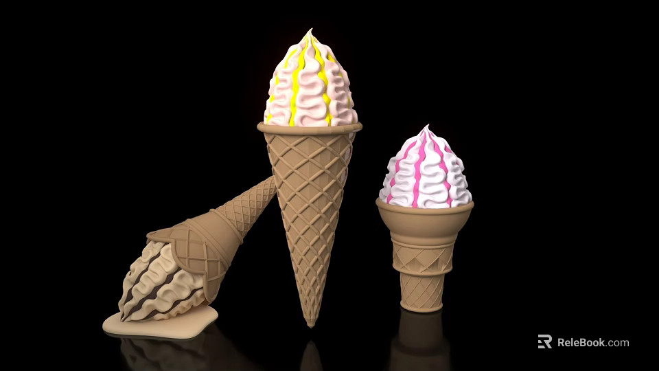 Different Sizes Ice Cream Cones With Pink Yellow White Swirls And One Fallen Melting Cream 3d model 