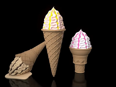 Different Sizes Ice Cream Cones With Pink Yellow White Swirls And One Fallen Melting Cream 3d model