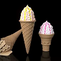 Different Sizes Ice Cream Cones With Pink Yellow White Swirls And One Fallen Melting Cream