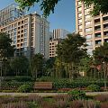 Residential Garden Landscape with High Rise Buildings Lush Trees Benches and Garden Paths