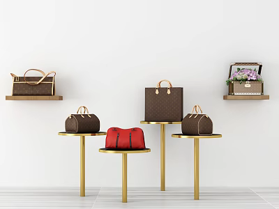 Stylish Bags And Box With Flowers Displayed On Golden Tables And Shelves Against White Wall 3d model