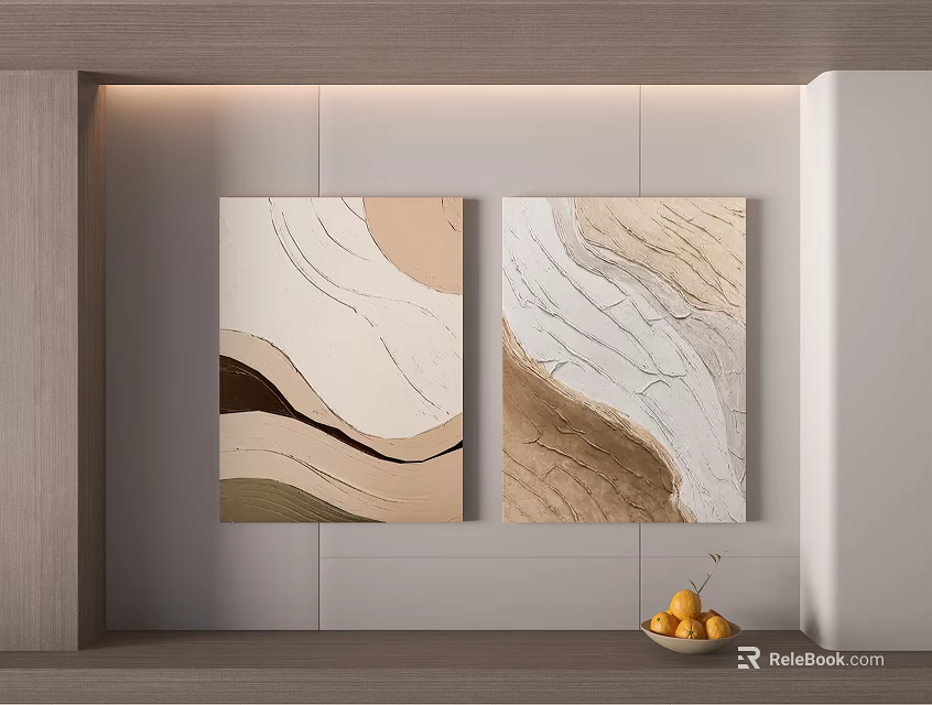 Two Abstract Paintings With Beige Brown Tones And Fruit Bowl In Modern Interior 3d model 
