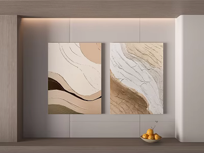 Two Abstract Paintings With Beige Brown Tones And Fruit Bowl In Modern Interior 3d model