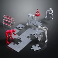 Silhouette Figures Assembling Jigsaw Puzzle Pieces With Traffic Cone And Barricade