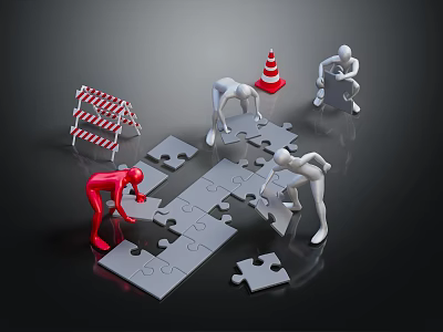Silhouette Figures Assembling Jigsaw Puzzle Pieces With Traffic Cone And Barricade 3d model