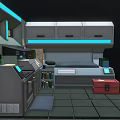 Cartoon Futuristic Space Capsule Room With Kitchen Bed Blue Lighting And Red Storage Box