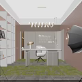 Public Office Area With Shelves Hanging Chandelier Lights Work Desk Office Chair And Green Carpet