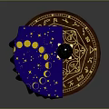 Round Wooden Table With Blue Tablecloth Featuring Yellow Stars And Moon Patterns And Celestial Globe