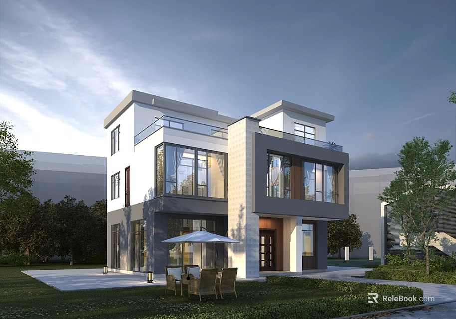 Modern Two Story Detached Villa with Large Glass Windows Outdoor Seating and Greenery 3d model 