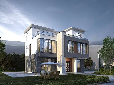 Modern Two Story Detached Villa with Large Glass Windows Outdoor Seating and Greenery 3d model