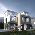 Modern Two Story Detached Villa with Large Glass Windows Outdoor Seating and Greenery