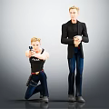 Kneeling Police Woman With Gun And Standing Man In Black Coat Blue Jeans