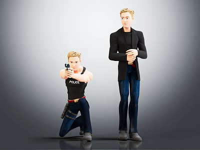 Kneeling Police Woman With Gun And Standing Man In Black Coat Blue Jeans 3d model