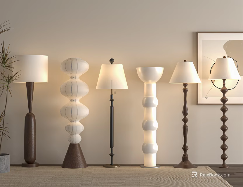 Modern Floor Lamps With Various Designs Wooden Bases And White Shades In Living Room 3d model 