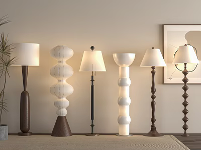 Modern Floor Lamps With Various Designs Wooden Bases And White Shades In Living Room 3d model