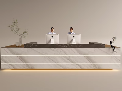 Modern Reception Area With Elegant Marble Desk Two Staff Working On Computers And Decorative Plant 3d model