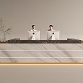 Modern Reception Area With Elegant Marble Desk Two Staff Working On Computers And Decorative Plant