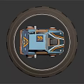 Cartoon Blue And Orange Car With Roof Wing Racing Text Red Wheels On Circular Stand