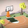 Outdoor Basketball Court Sports Equipment With Two Hoop Backboards Orange Bases And Green Trees