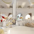 Luxurious Banquet Hall Interior with Crystal Chandeliers Elegant Stage Round Dining Tables and Floral Decorations