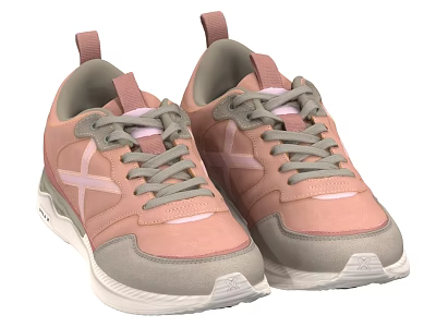 Pink and Gray Lace Up Sneakers with Cross Design on Upper and White Sole 3d model