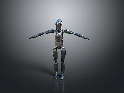 Metallic Silver Game And Movie Robot Character With Arms Outstretched Standing On Gray Background 3d model