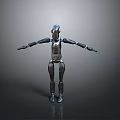 Metallic Silver Game And Movie Robot Character With Arms Outstretched Standing On Gray Background
