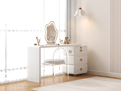 Modern White Dressing Table With Vanity Chair Mirror And Lamp In Bright Room 3d model
