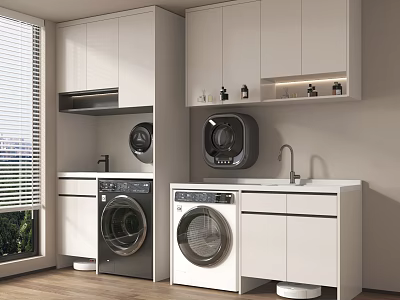 Modern Laundry Room With White Cabinets Washing Machine Dryer Sink And Wooden Floor 3d model