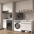 Modern Laundry Room With White Cabinets Washing Machine Dryer Sink And Wooden Floor