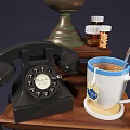 Black Digital Smartphone Placed On Wooden Table With Tea Mug And Medicine Bottles