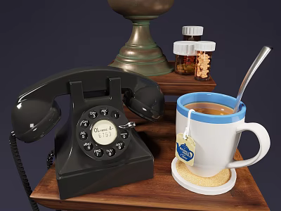 Black Digital Smartphone Placed On Wooden Table With Tea Mug And Medicine Bottles 3d model