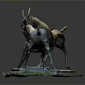 Two Antelope Sculptures In Fighting Stance With Grass Covered Base On Reflective Surface