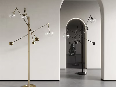 Modern Minimalist Floor Lamp With Golden Metal Frame And Multiple Glass Bulbs 3d model