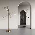 Modern Minimalist Floor Lamp With Golden Metal Frame And Multiple Glass Bulbs