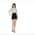 Woman in white top and black skirt with hands on hips front back views
