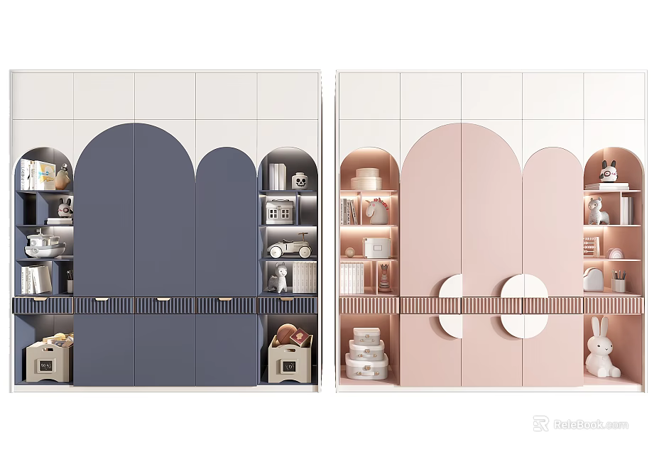 Blue and Pink Arched Wardrobe Design with Open Shelves Decorative Items and Storage Boxes 3d model 