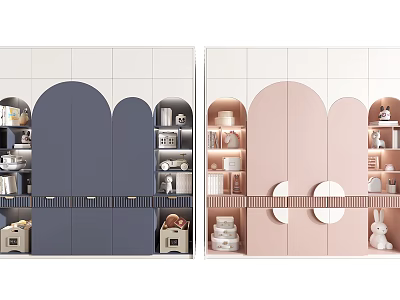 Blue and Pink Arched Wardrobe Design with Open Shelves Decorative Items and Storage Boxes 3d model