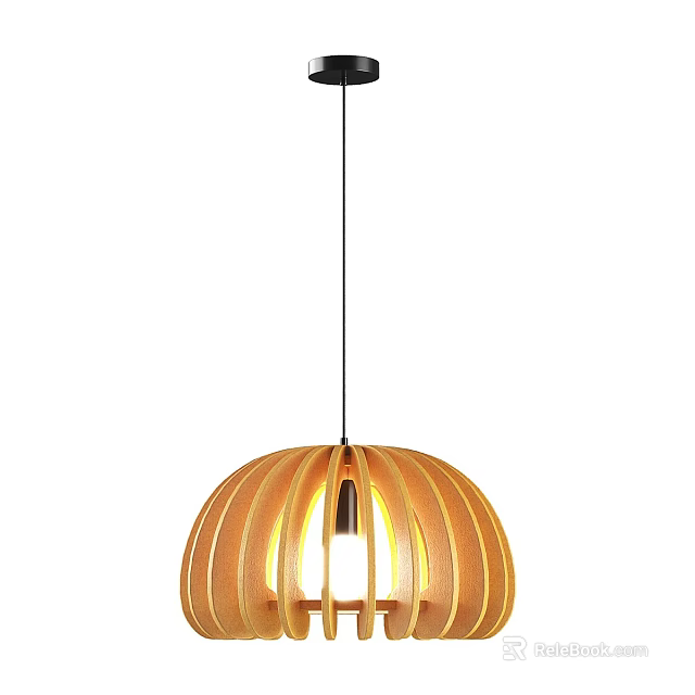 Modern Wooden Round Pendant Light With Striped Design And Warm Illumination 3d model 