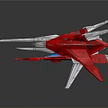 Red White Futuristic Mechanical Aircraft Model Featuring Sharp Wings Blue Accents And Intricate Structure
